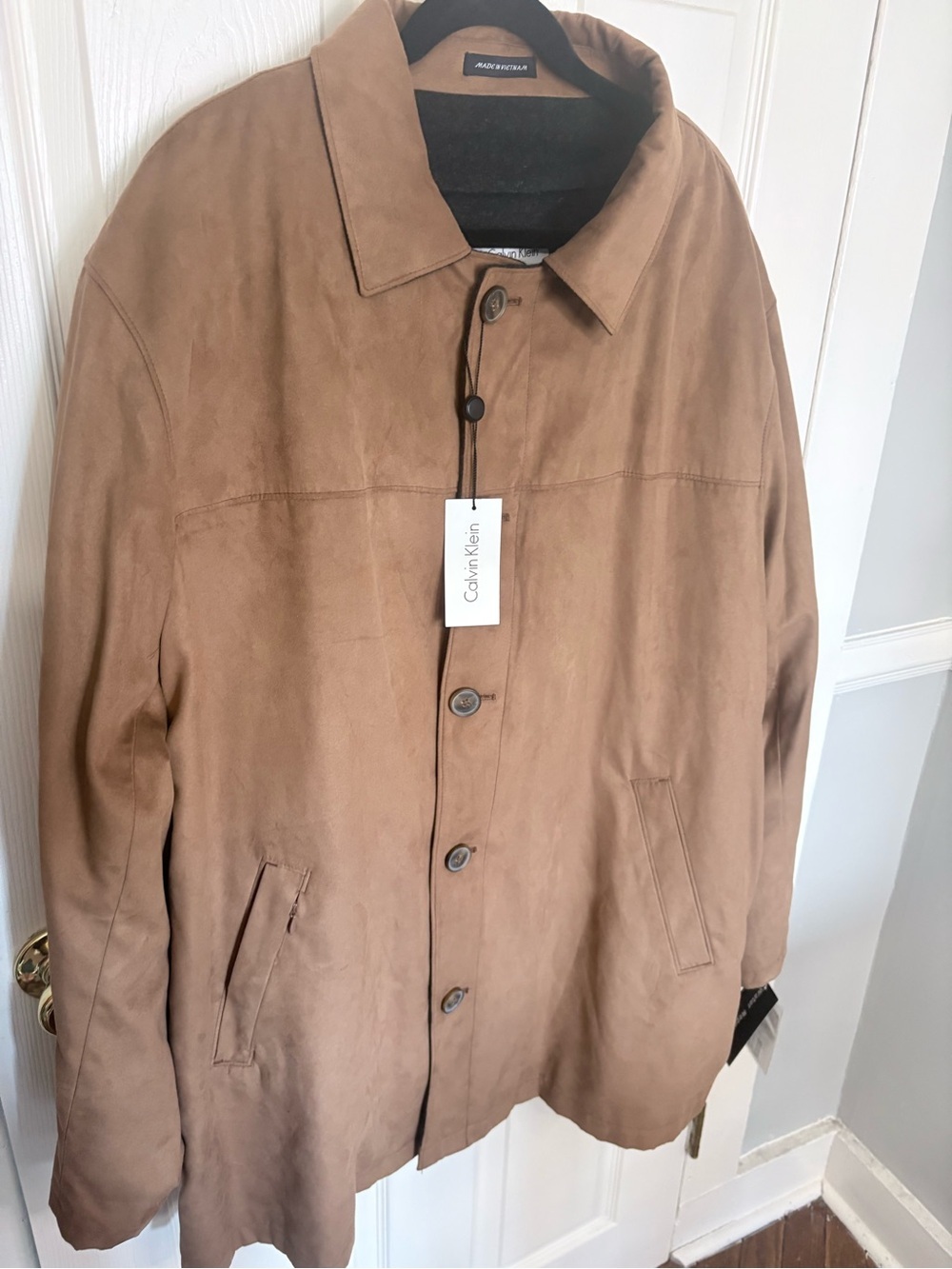 Calvin Klein Faux Suede Water Repellent Car Coat Wool Lined Tan 46 Long NWT - Picture 3 of 9